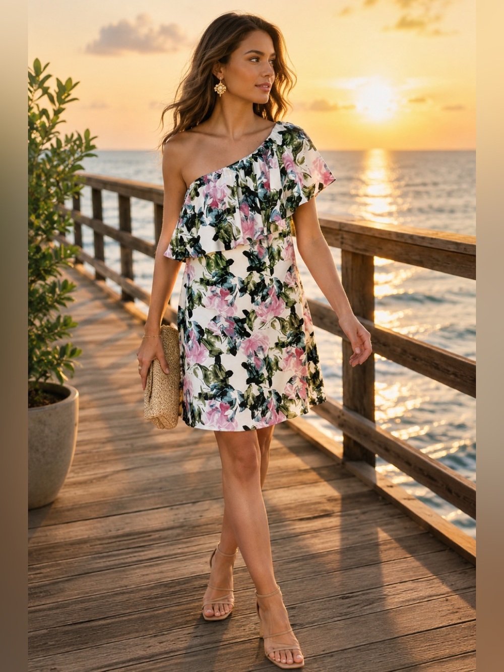 Vince Camuto Floral One-Shoulder Ruffle Mini Dress Resort Vacation Party US 6